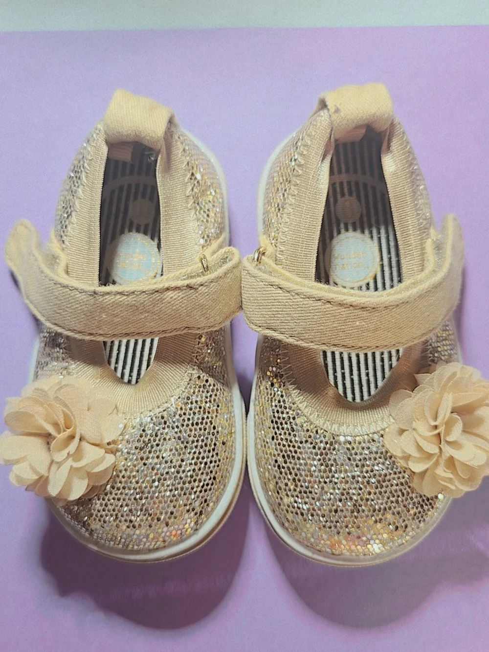Girls Sparkle Mary Jane Shoes with Flower Accent - Beige